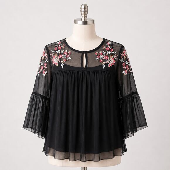 Arizona Jean Company Tops - Embroidered Floral Black Sheer Bell Sleeve Top 3/4 Sleeve